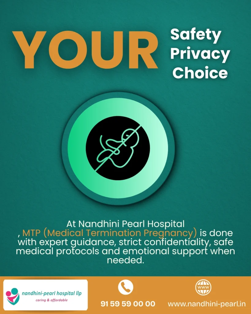 Medical Termination of Pregnancy (MTP) awareness poster from Nandhini Pearl Hospital highlighting safety, privacy, and confidential care for women.