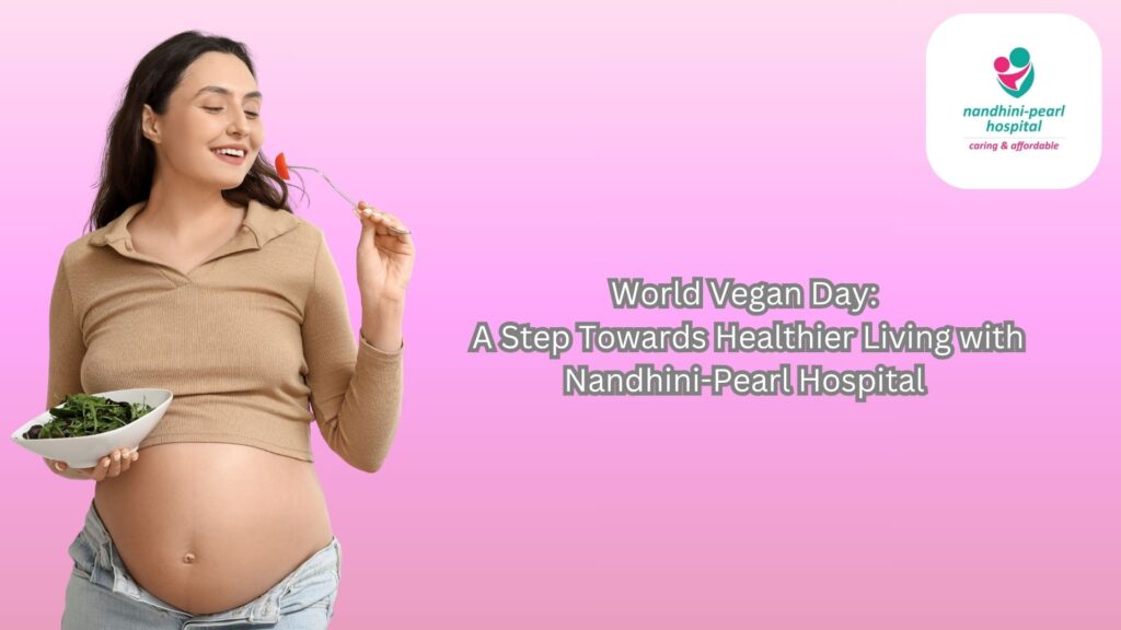 Pregnant woman holding a bowl of salad and eating a tomato slice, promoting plant-based nutrition for pregnancy at Nandhini-Pearl Hospital, Velachery.